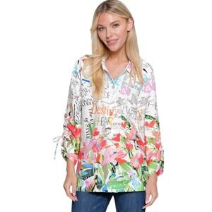 John Mark Novelty Floral Print Collar Neck 3/4 Sleeve Button Front Top 2X